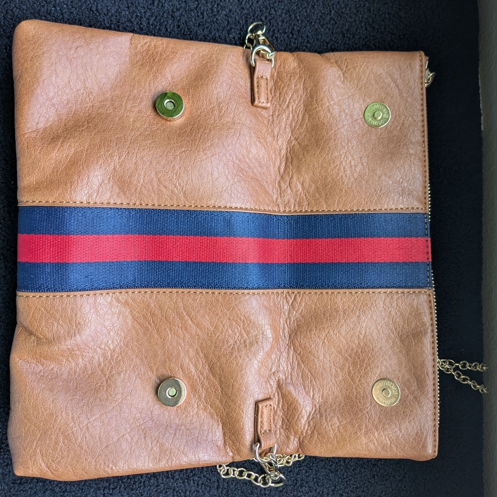 Tan Fold-Over Crossbody Bag with Navy & Red Stripe - Picture 4 of 5